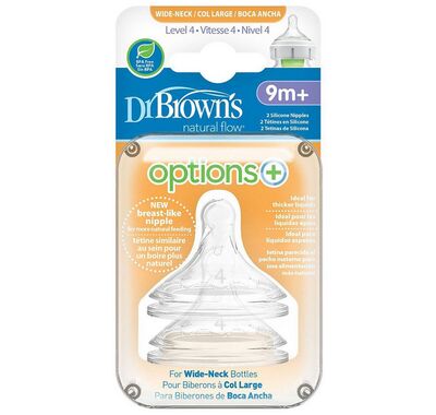 Θηλές σιλικόνης Dr Brown Options+ για μπιμπερό με φαρδύ λαιμό επίπεδο 4, 9 μηνών+ (2τμχ) στο Bebe Maison