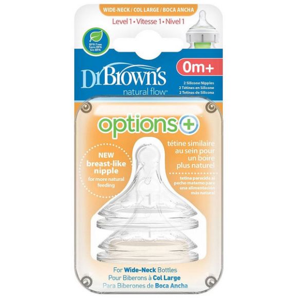 Θηλές σιλικόνης Dr Brown Options+ για μπιμπερό με φαρδύ λαιμό επίπεδο 1, 0 έως 3 μηνών (2τμχ) στο Bebe Maison